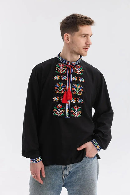 Black Ukrainian Vyshyvanka Shirt for Men with Machine Embroidery | Podilska Design in Cotton Linen Blend | Handmade in Ukraine