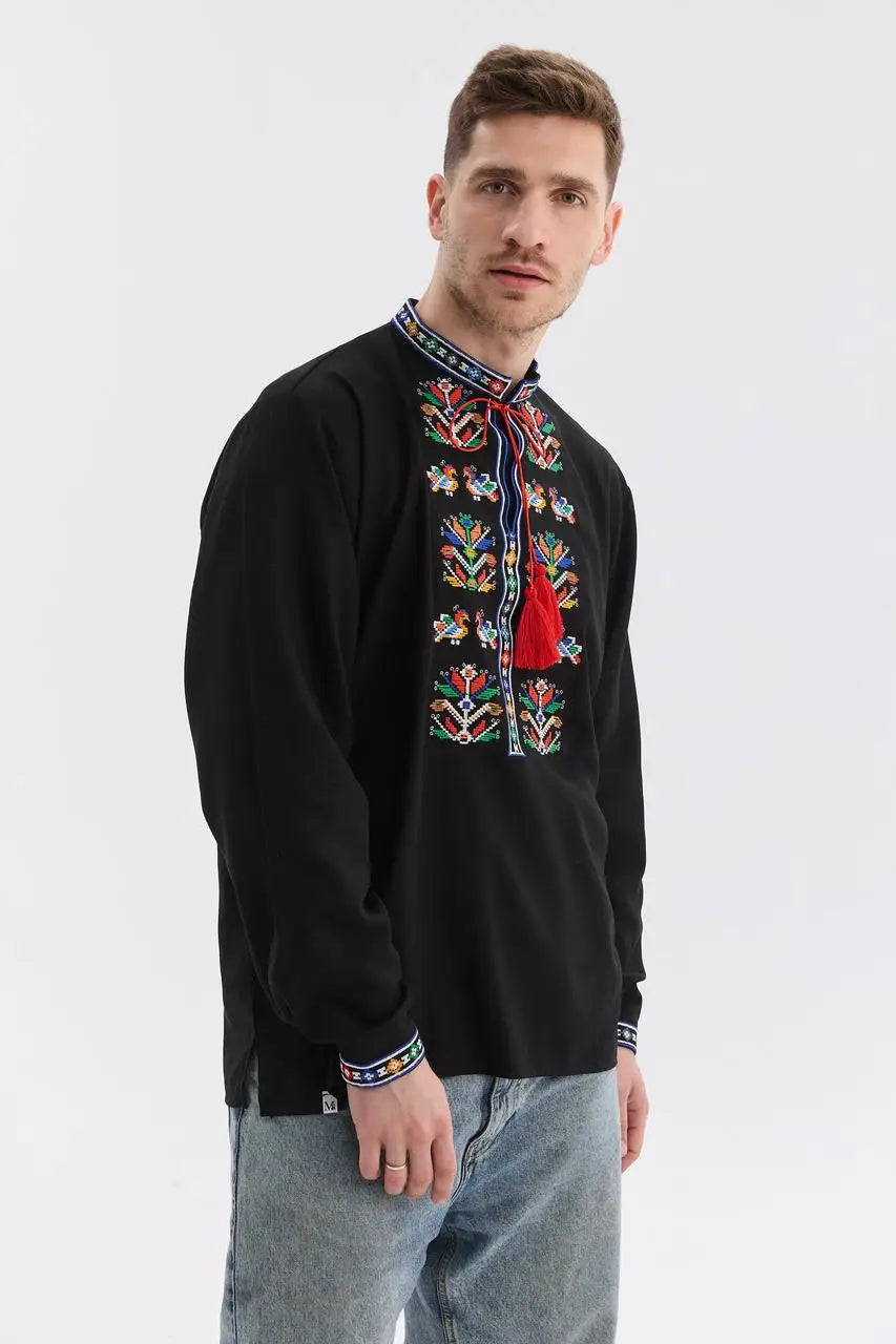 Black Ukrainian Vyshyvanka Shirt for Men with Machine Embroidery | Podilska Design in Cotton Linen Blend | Handmade in Ukraine