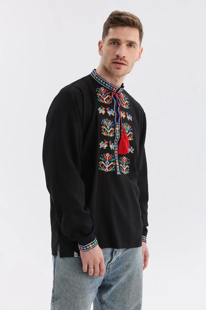 Black Ukrainian Vyshyvanka Shirt for Men with Machine Embroidery | Podilska Design in Cotton Linen Blend | Handmade in Ukraine