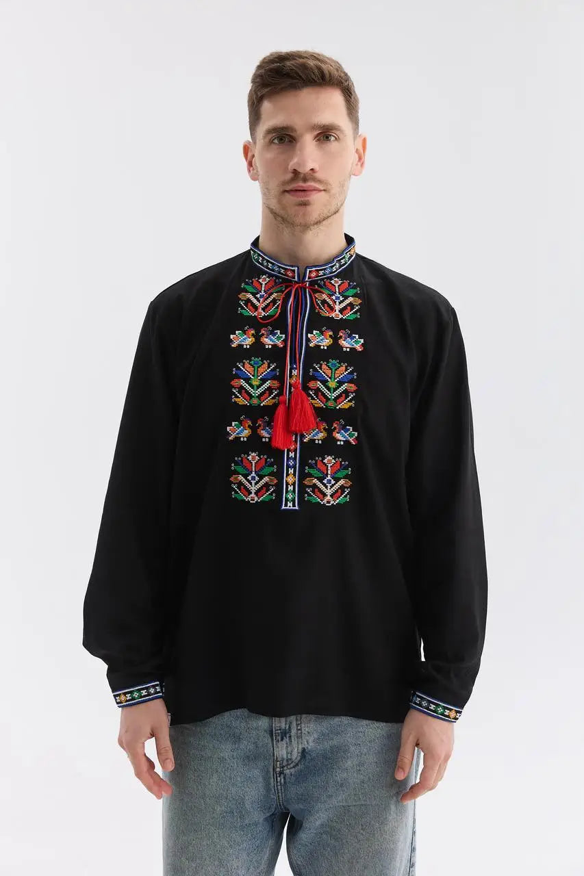 Black Ukrainian Vyshyvanka Shirt for Men with Machine Embroidery | Podilska Design in Cotton Linen Blend | Handmade in Ukraine