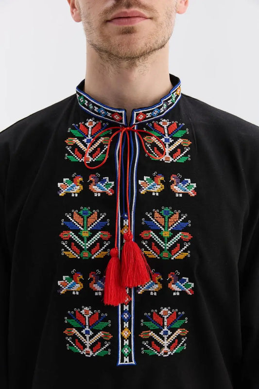 Black Ukrainian Vyshyvanka Shirt for Men with Machine Embroidery | Podilska Design in Cotton Linen Blend | Handmade in Ukraine