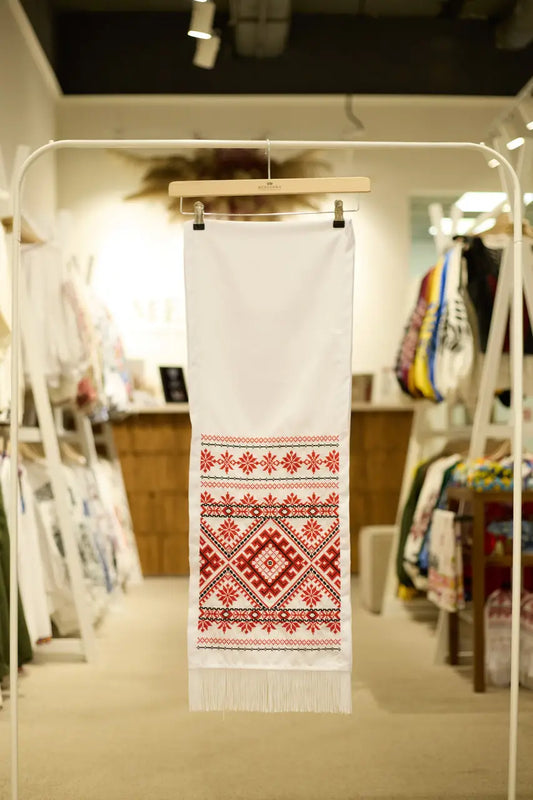Ukrainian Embroidered Rushnyk "Dobrobut" – Traditional Towel with Cross-Stitch Machine Embroidery – 175x32cm on Homespun Fabric