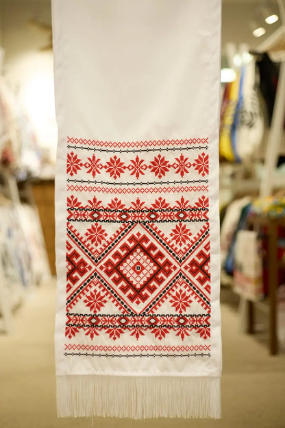 Ukrainian Embroidered Rushnyk "Dobrobut" – Traditional Towel with Cross-Stitch Machine Embroidery – 175x32cm on Homespun Fabric