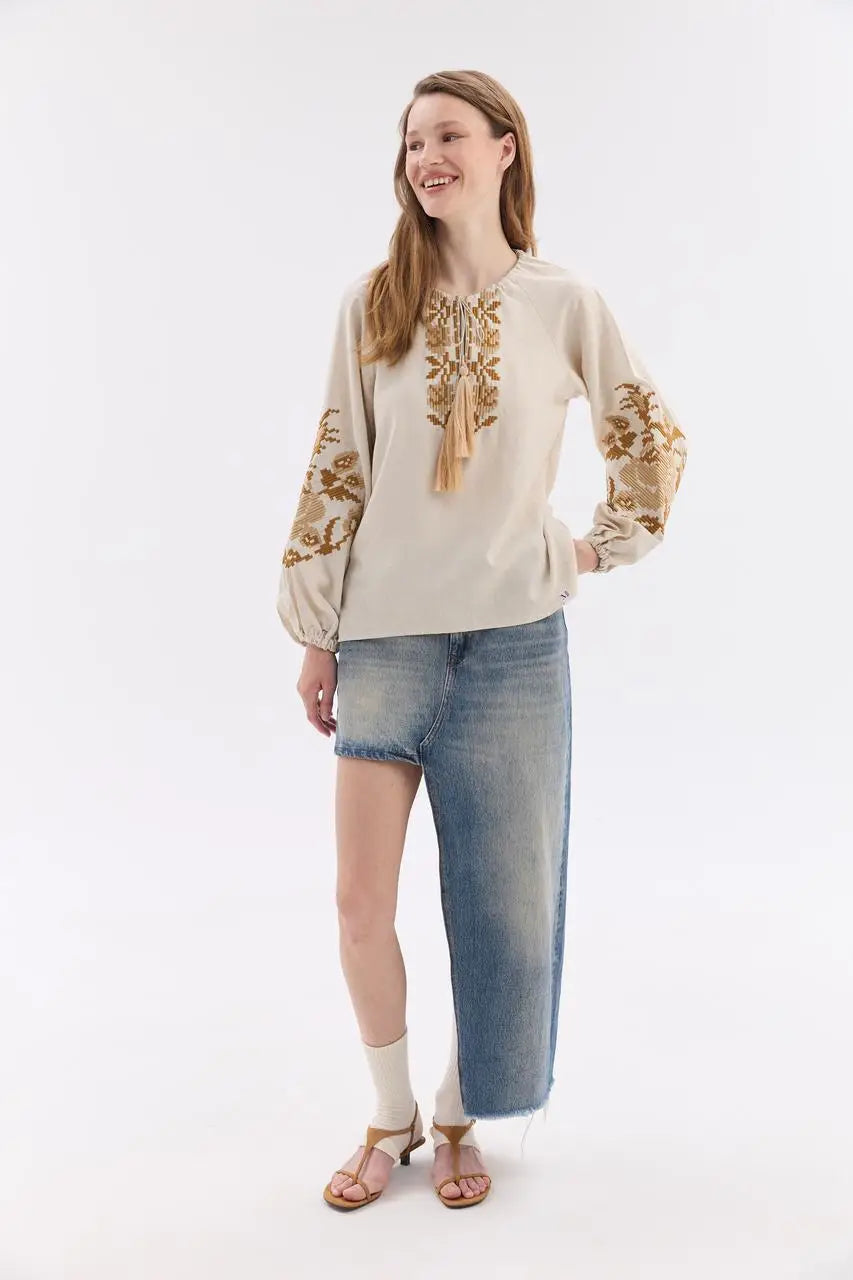 Ukrainian Embroidered Blouse for Women in Cotton Linen Blend | Ruta Vyshyvanka with Beige Counted Satin Stitch | Made in Ukraine