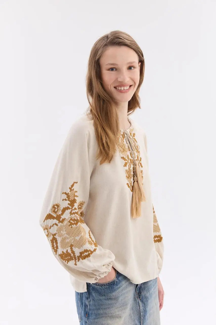 Ukrainian Embroidered Blouse for Women in Cotton Linen Blend | Ruta Vyshyvanka with Beige Counted Satin Stitch | Made in Ukraine