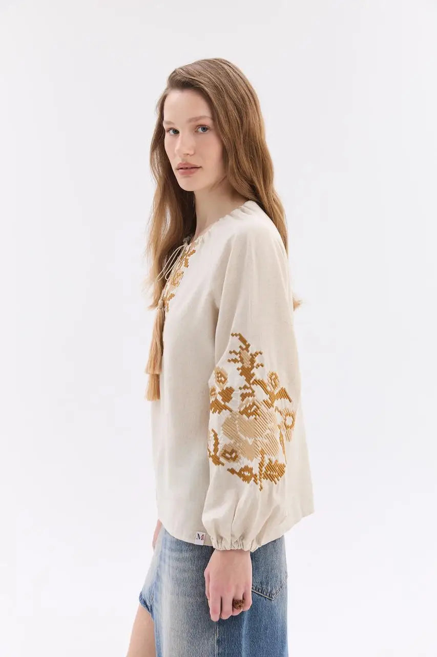 Ukrainian Embroidered Blouse for Women in Cotton Linen Blend | Ruta Vyshyvanka with Beige Counted Satin Stitch | Made in Ukraine