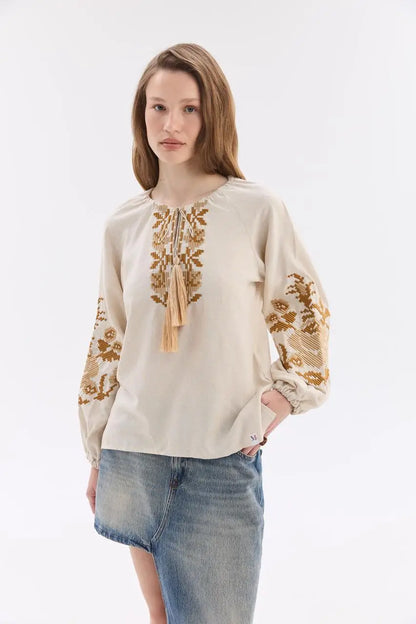 Ukrainian Embroidered Blouse for Women in Cotton Linen Blend | Ruta Vyshyvanka with Beige Counted Satin Stitch | Made in Ukraine