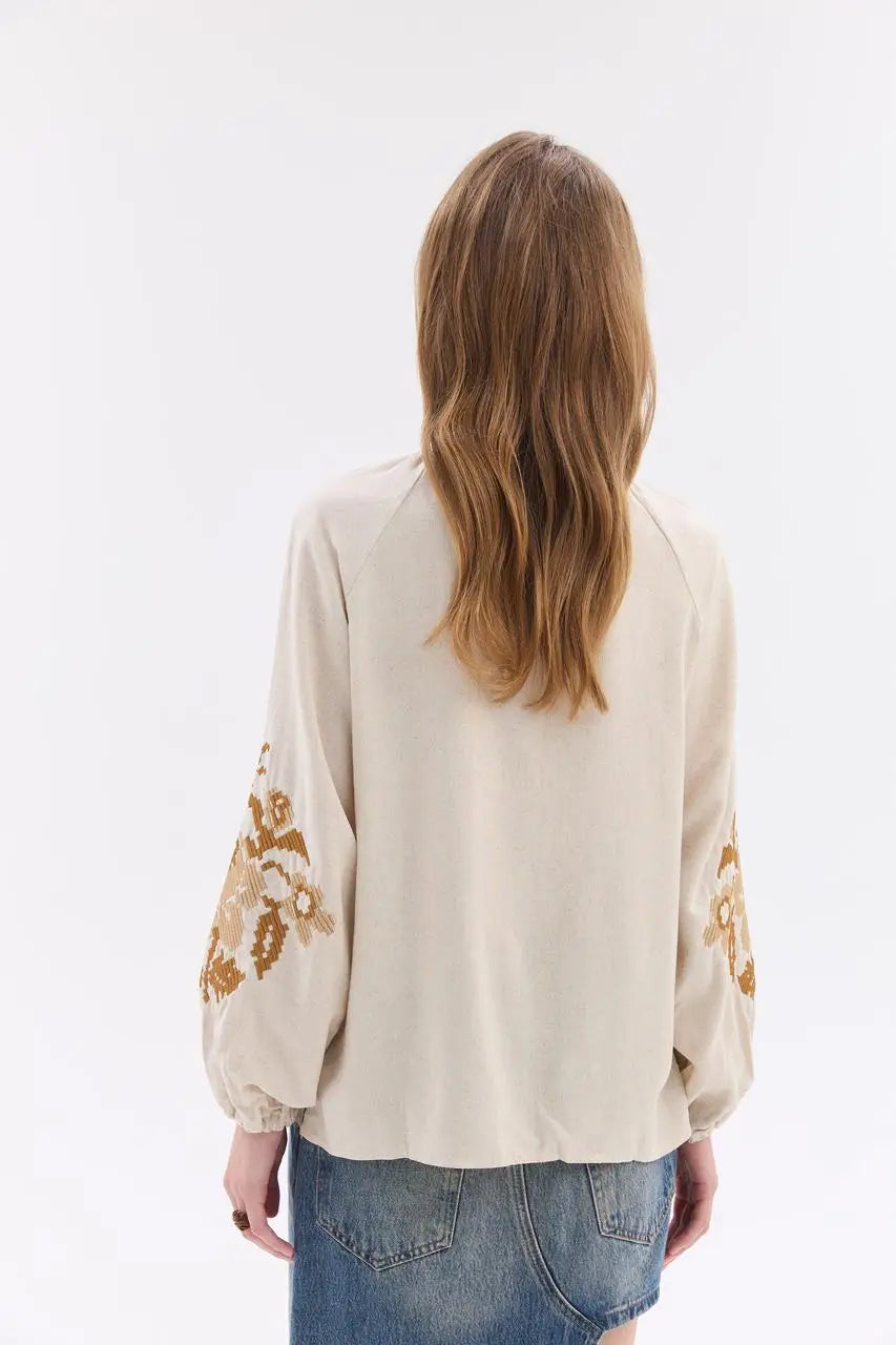 Ukrainian Embroidered Blouse for Women in Cotton Linen Blend | Ruta Vyshyvanka with Beige Counted Satin Stitch | Made in Ukraine