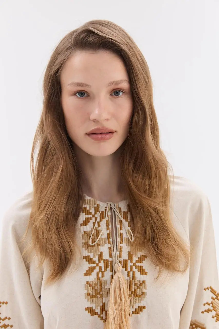 Ukrainian Embroidered Blouse for Women in Cotton Linen Blend | Ruta Vyshyvanka with Beige Counted Satin Stitch | Made in Ukraine