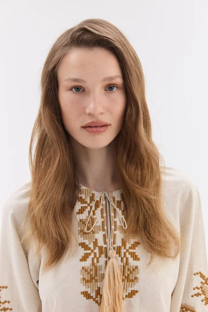 Ukrainian Embroidered Blouse for Women in Cotton Linen Blend | Ruta Vyshyvanka with Beige Counted Satin Stitch | Made in Ukraine