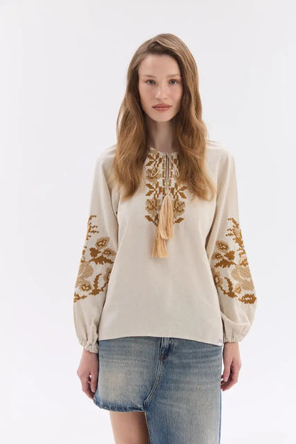 Ukrainian Embroidered Blouse for Women in Cotton Linen Blend | Ruta Vyshyvanka with Beige Counted Satin Stitch | Made in Ukraine