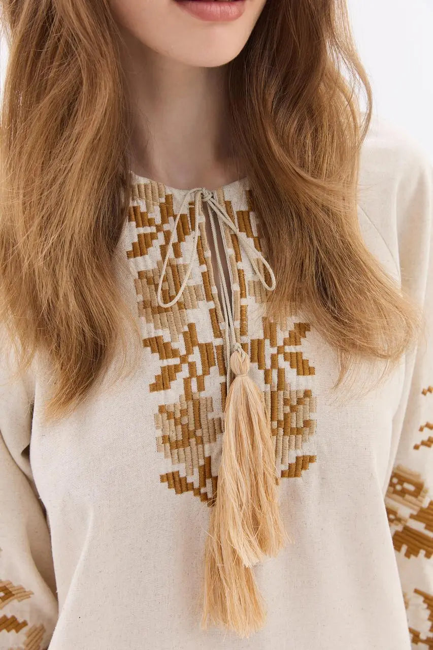 Ukrainian Embroidered Blouse for Women in Cotton Linen Blend | Ruta Vyshyvanka with Beige Counted Satin Stitch | Made in Ukraine