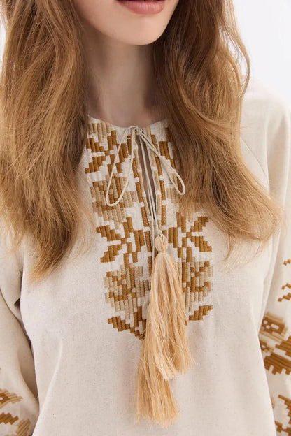 Ukrainian Embroidered Blouse for Women in Cotton Linen Blend | Ruta Vyshyvanka with Beige Counted Satin Stitch | Made in Ukraine