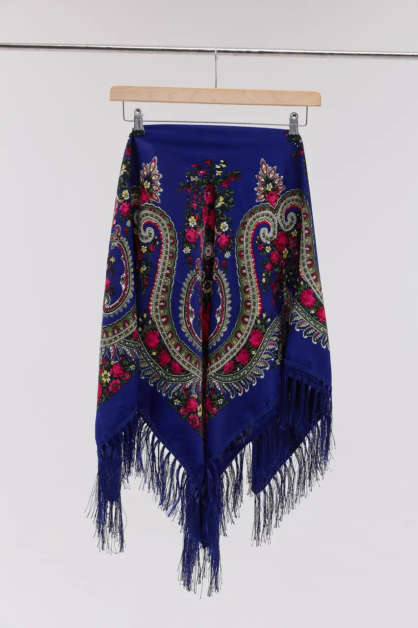 Ukrainian Head Scarf "Flowers of Polissya" Blue Color – Traditional Floral Shawl 110x110cm – Ukrainian Folk Scarf with Fringe for Women