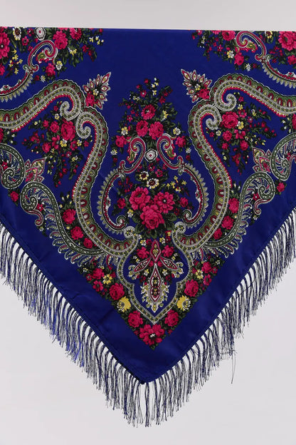 Ukrainian Head Scarf "Flowers of Polissya" Blue Color – Traditional Floral Shawl 110x110cm – Ukrainian Folk Scarf with Fringe for Women
