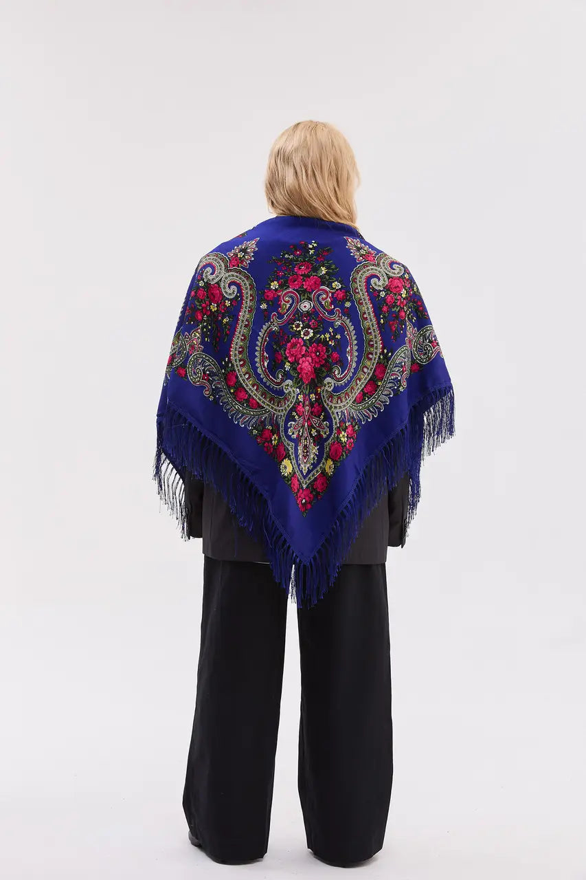 Ukrainian Head Scarf "Flowers of Polissya" Blue Color – Traditional Floral Shawl 110x110cm – Ukrainian Folk Scarf with Fringe for Women