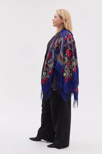 Ukrainian Head Scarf "Flowers of Polissya" Blue Color – Traditional Floral Shawl 110x110cm – Ukrainian Folk Scarf with Fringe for Women