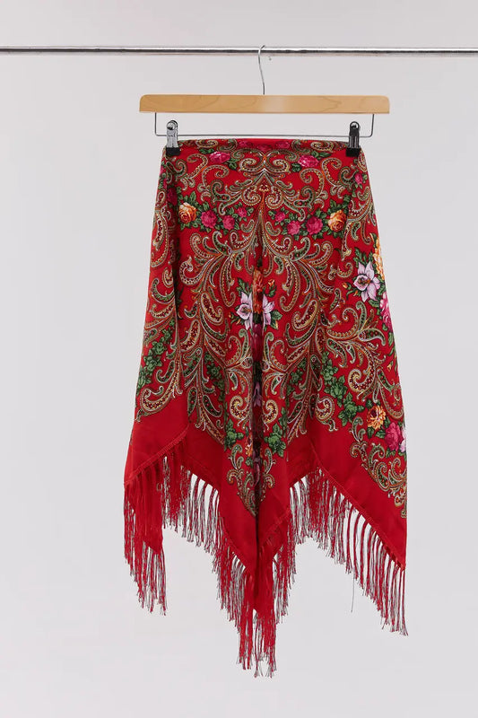 Ukrainian Head Scarf "Lily Bouquet" Red Color – Traditional Floral Shawl 110x110cm – Folk Style Wool Viscose Scarf with Fringe for Women