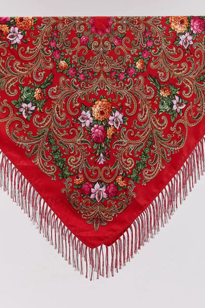 Ukrainian Head Scarf "Lily Bouquet" Red Color – Traditional Floral Shawl 110x110cm – Folk Style Wool Viscose Scarf with Fringe for Women