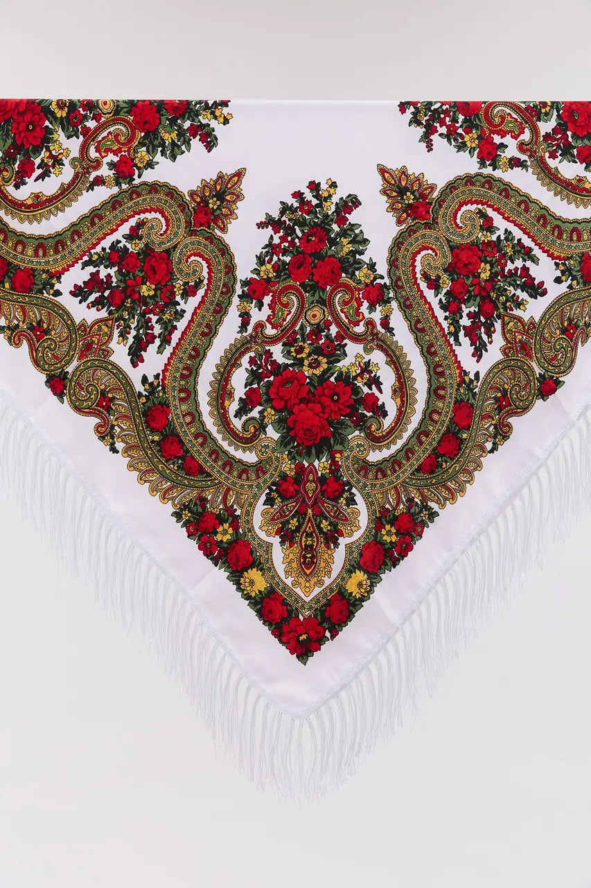Ukrainian Head Scarf "Flowers of Polissya" White Color – Traditional Floral Shawl 110x110cm – Ukrainian Folk Scarf with Fringe for Women