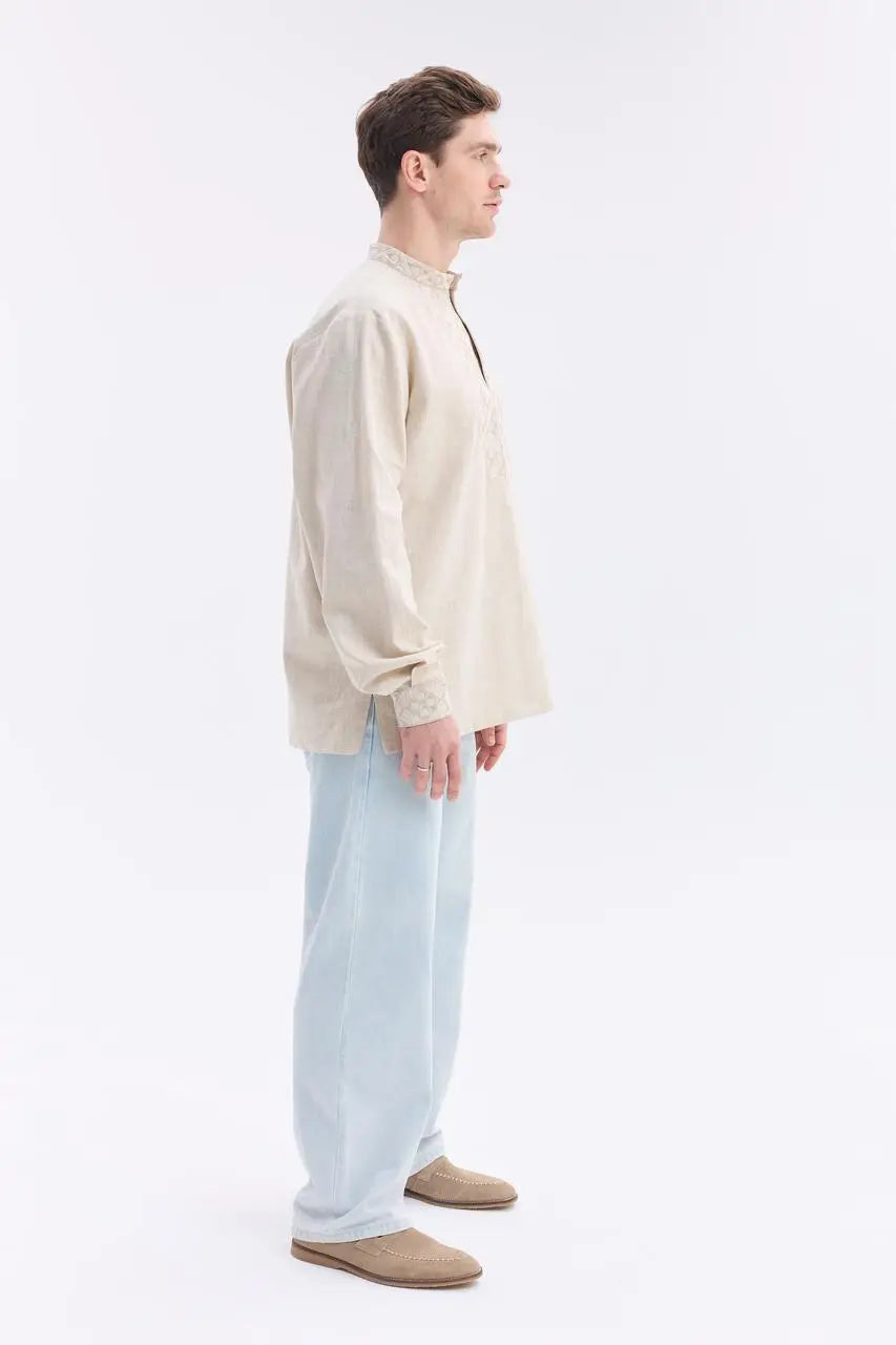 Ukrainian Vyshyvanka Shirt for Men in Nettle Linen Blend with Traditional Satin Stitch Embroidery | Sumshchyna Design | Handmade in Ukraine