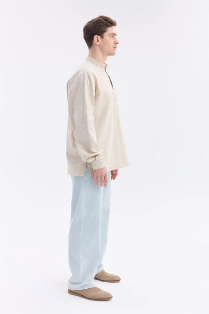 Ukrainian Vyshyvanka Shirt for Men in Nettle Linen Blend with Traditional Satin Stitch Embroidery | Sumshchyna Design | Handmade in Ukraine