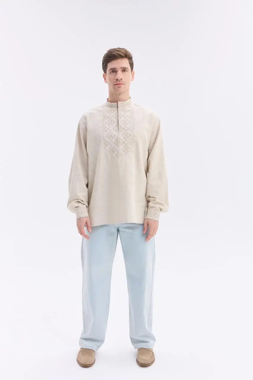 Ukrainian Vyshyvanka Shirt for Men in Nettle Linen Blend with Traditional Satin Stitch Embroidery | Sumshchyna Design | Handmade in Ukraine