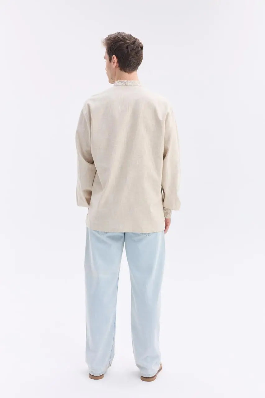 Ukrainian Vyshyvanka Shirt for Men in Nettle Linen Blend with Traditional Satin Stitch Embroidery | Sumshchyna Design | Handmade in Ukraine