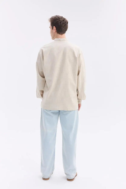 Ukrainian Vyshyvanka Shirt for Men in Nettle Linen Blend with Traditional Satin Stitch Embroidery | Sumshchyna Design | Handmade in Ukraine