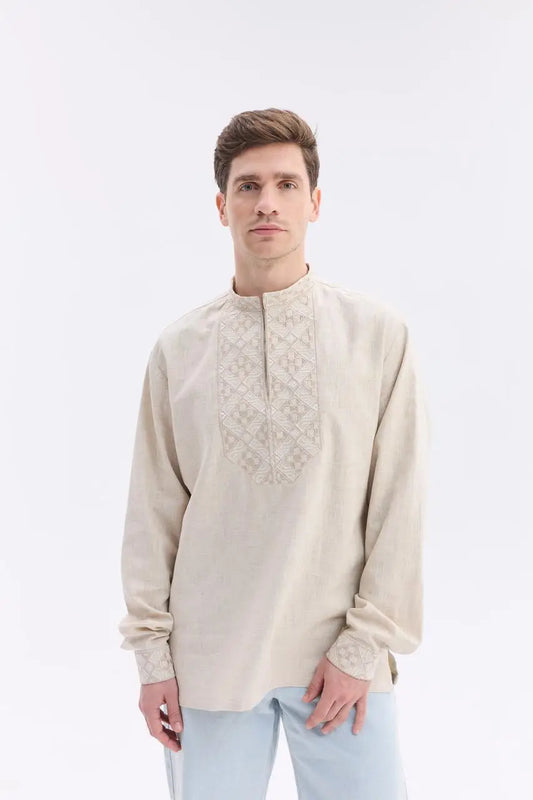 Ukrainian Vyshyvanka Shirt for Men in Nettle Linen Blend with Traditional Satin Stitch Embroidery | Sumshchyna Design | Handmade in Ukraine