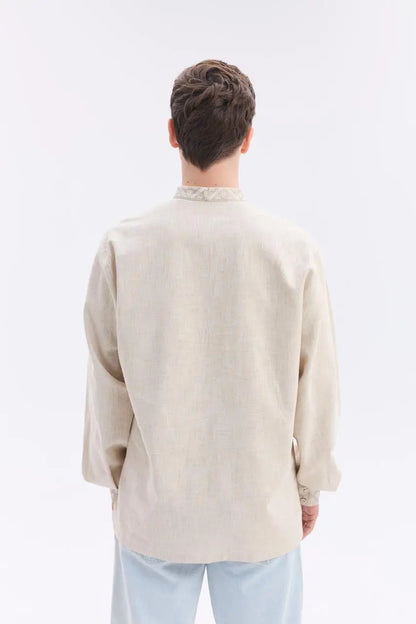 Ukrainian Vyshyvanka Shirt for Men in Nettle Linen Blend with Traditional Satin Stitch Embroidery | Sumshchyna Design | Handmade in Ukraine