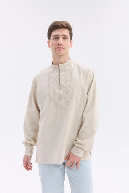 Ukrainian Vyshyvanka Shirt for Men in Nettle Linen Blend with Traditional Satin Stitch Embroidery | Sumshchyna Design | Handmade in Ukraine