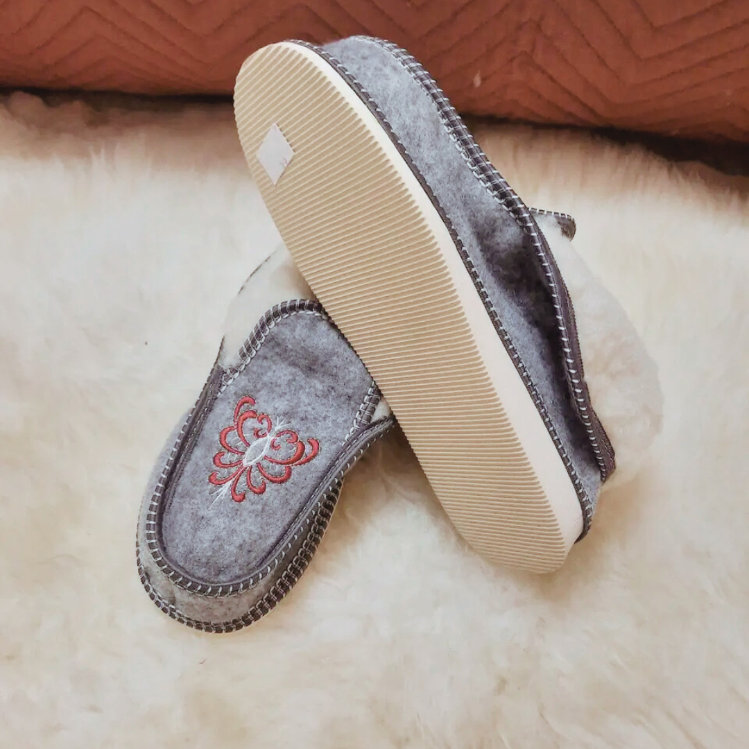 Handmade Wool Slippers with Hutsul Embroidery from Ukraine – Warm Felt Chuni for Women & Men – Cozy Winter Gift – Carpathian Folk Design