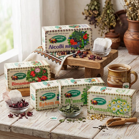 Organic Carpathian Herbal Tea Bags (20-Pack), Natural Chamomile, Mint, Forest Berries, Herbal Bouquet, Vitamin Tea, Single Packs & Full Variety Gift Set