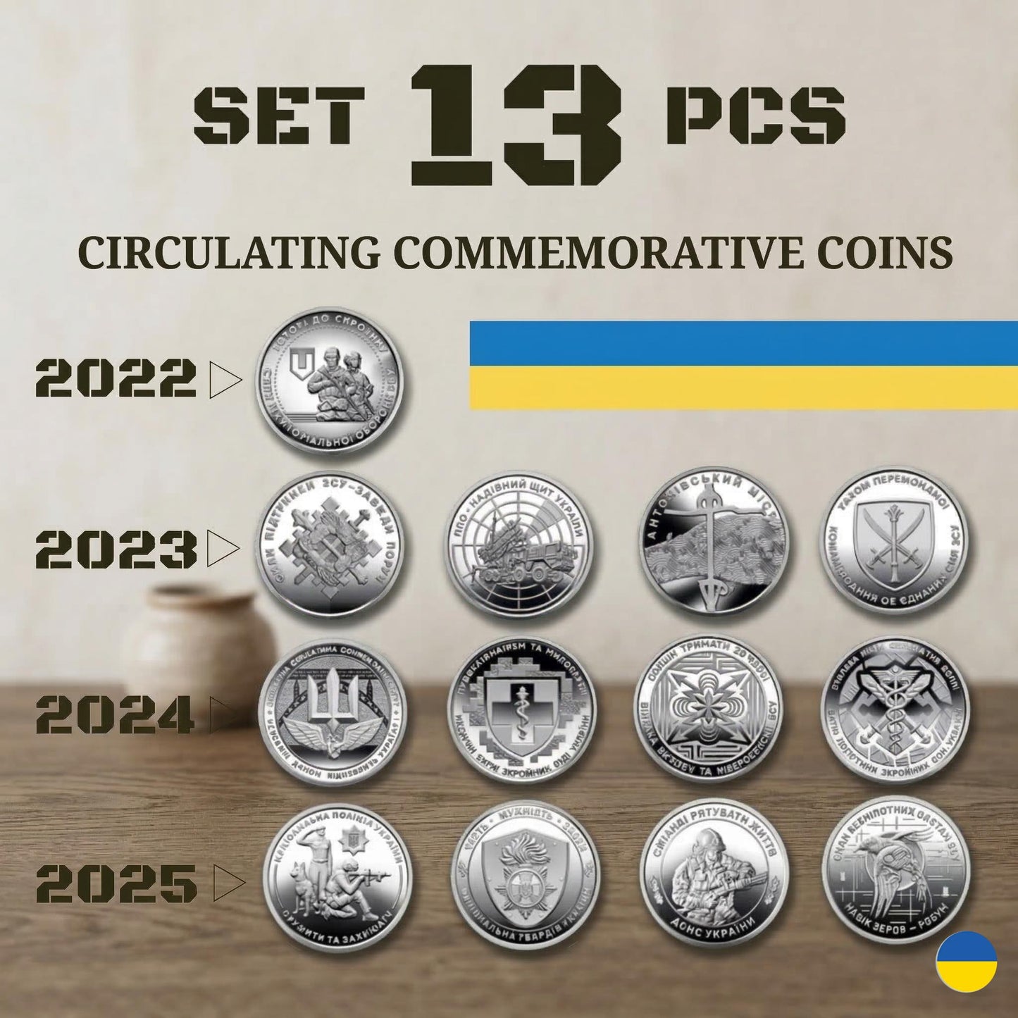 13 Collectible Coins from Ukraine - Armed Forces Souvenir Set, UNC 10 UAH Gift for Collectors. Made in Ukraine
