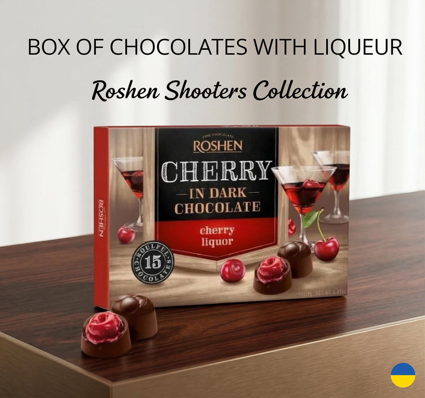 Roshen Premium Liqueur Chocolates set Gift Box - Rum, Brandy, Whiskey & Cherry Sweets for Adults. Made in Ukraine