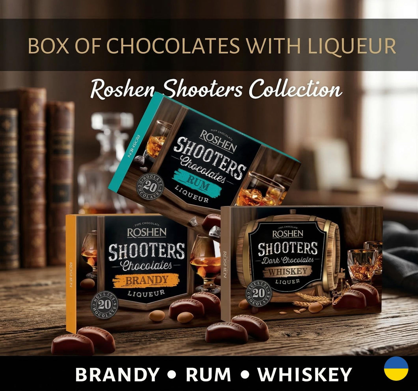 Roshen Premium Liqueur Chocolates set Gift Box - Rum, Brandy, Whiskey & Cherry Sweets for Adults. Made in Ukraine