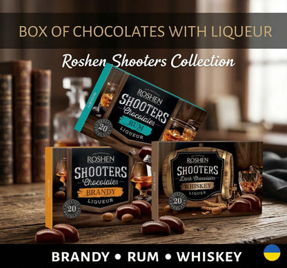 Roshen Premium Liqueur Chocolates set Gift Box - Rum, Brandy, Whiskey & Cherry Sweets for Adults. Made in Ukraine
