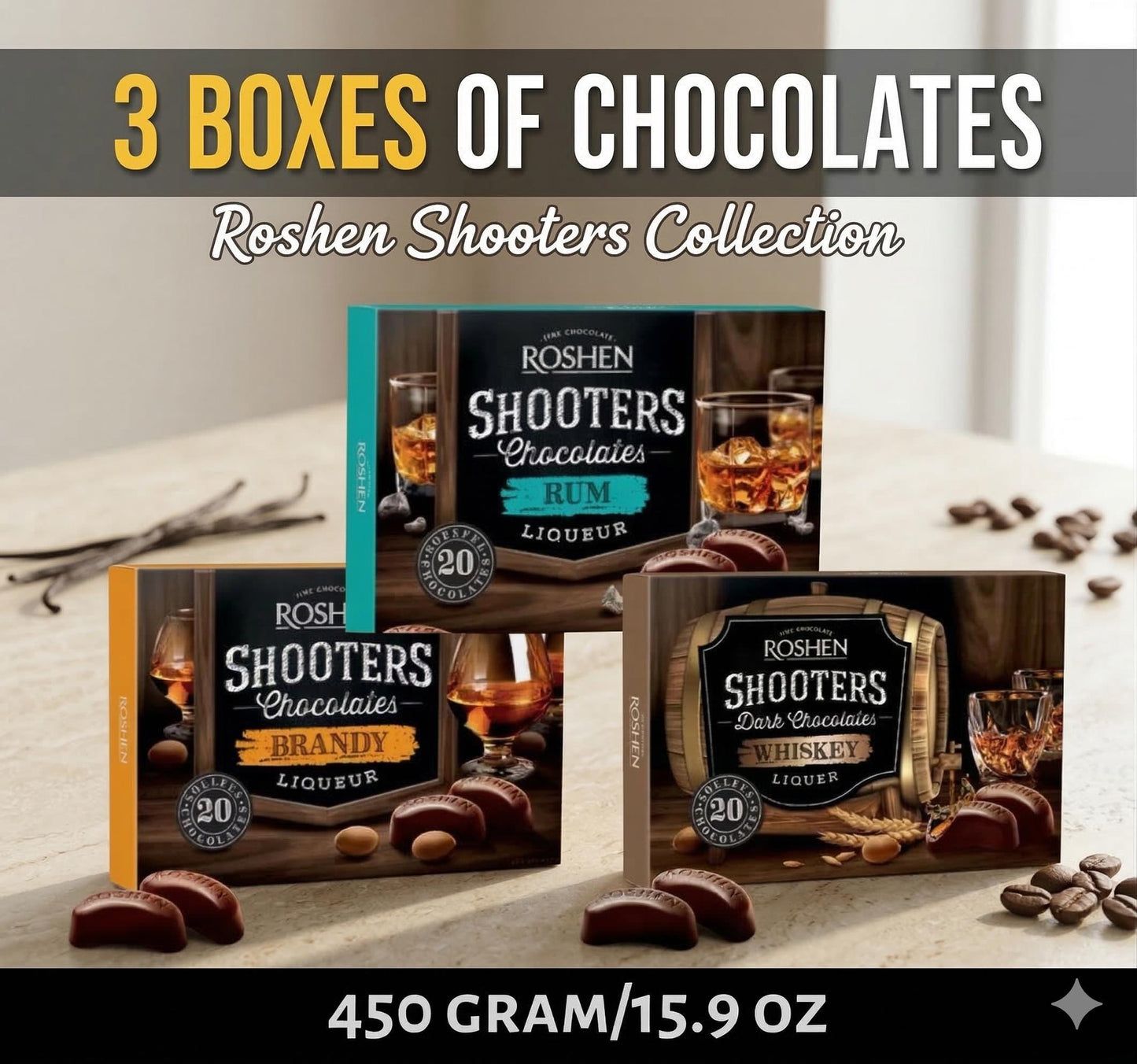 Premium Roshen Liqueur Chocolate Candies Gift Box | Set of 3 Boxes 450g | Rum Brandy Whiskey Treats for Adults | Ukrainian Delights