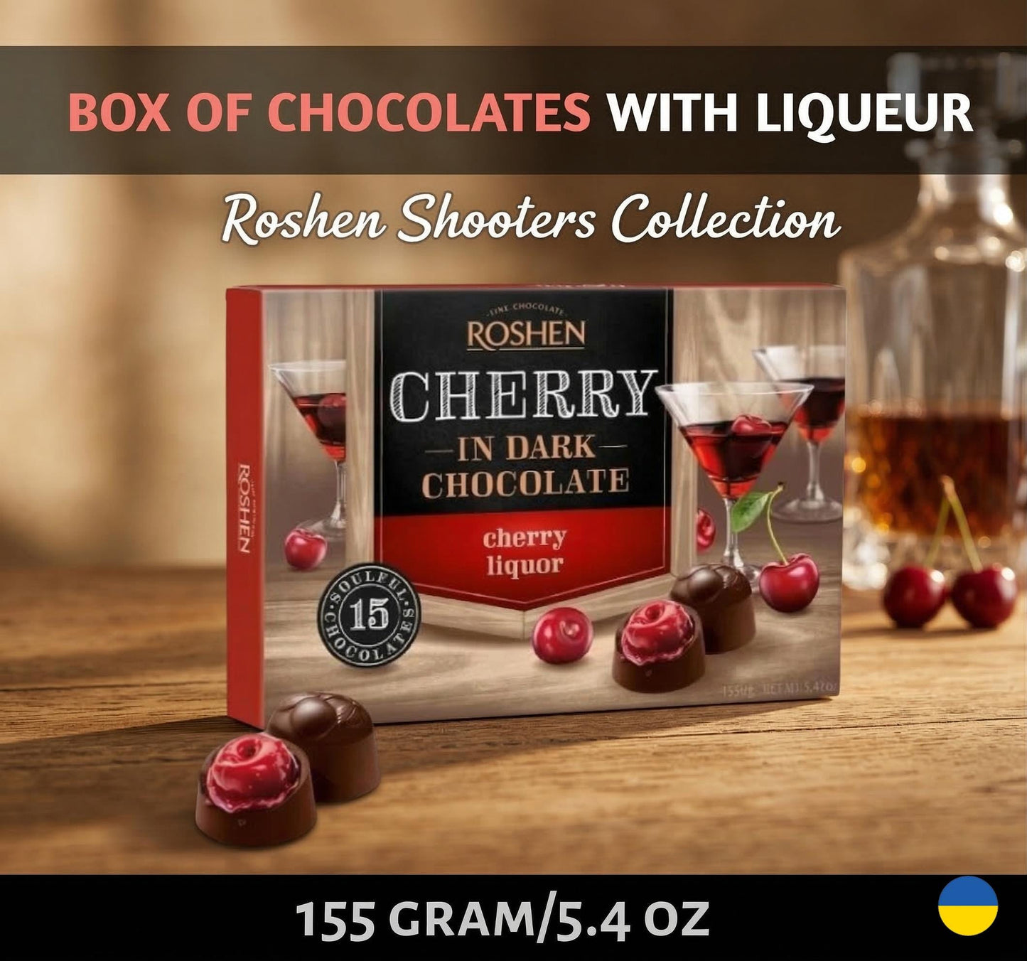Roshen Cherry Liqueur Dark Chocolate Candies | Premium Ukrainian Gift Box 155g | Perfect Adult Party Treats. Made in Ukraine