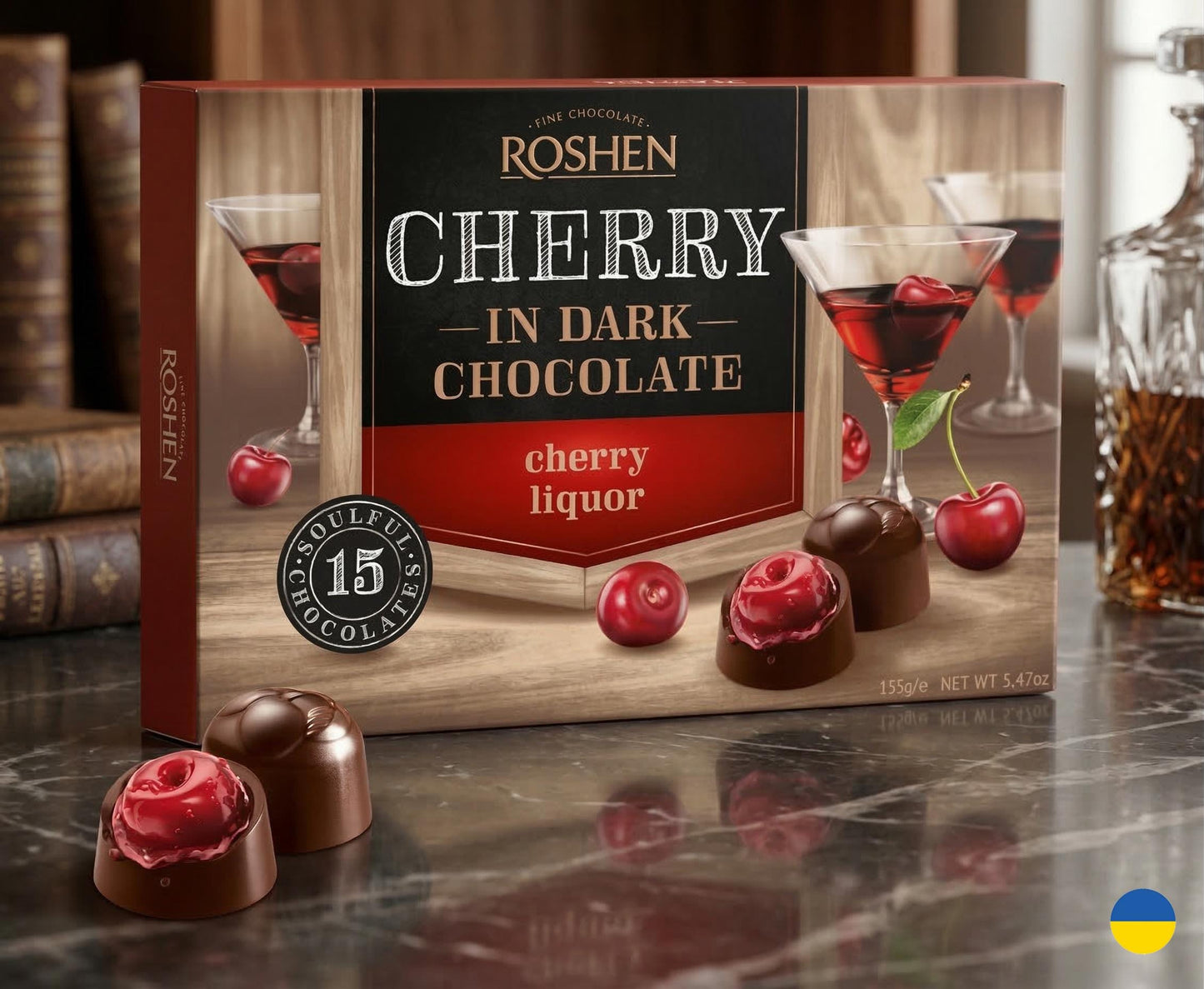 Roshen Cherry Liqueur Dark Chocolate Candies | Premium Ukrainian Gift Box 155g | Perfect Adult Party Treats. Made in Ukraine