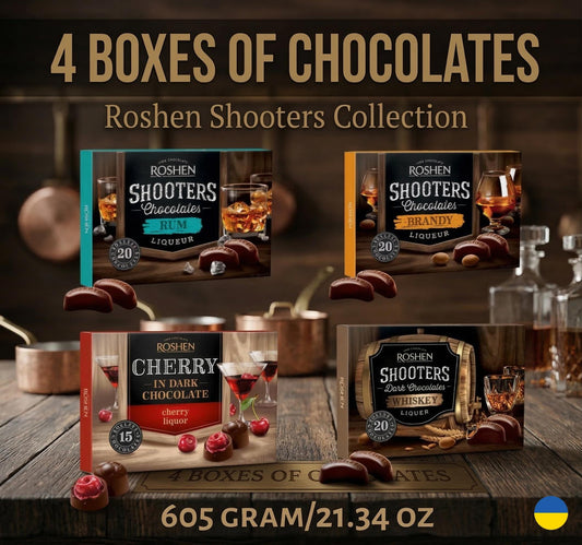 Roshen Premium Liqueur Chocolates set Gift Box - Rum, Brandy, Whiskey & Cherry Sweets for Adults. Made in Ukraine