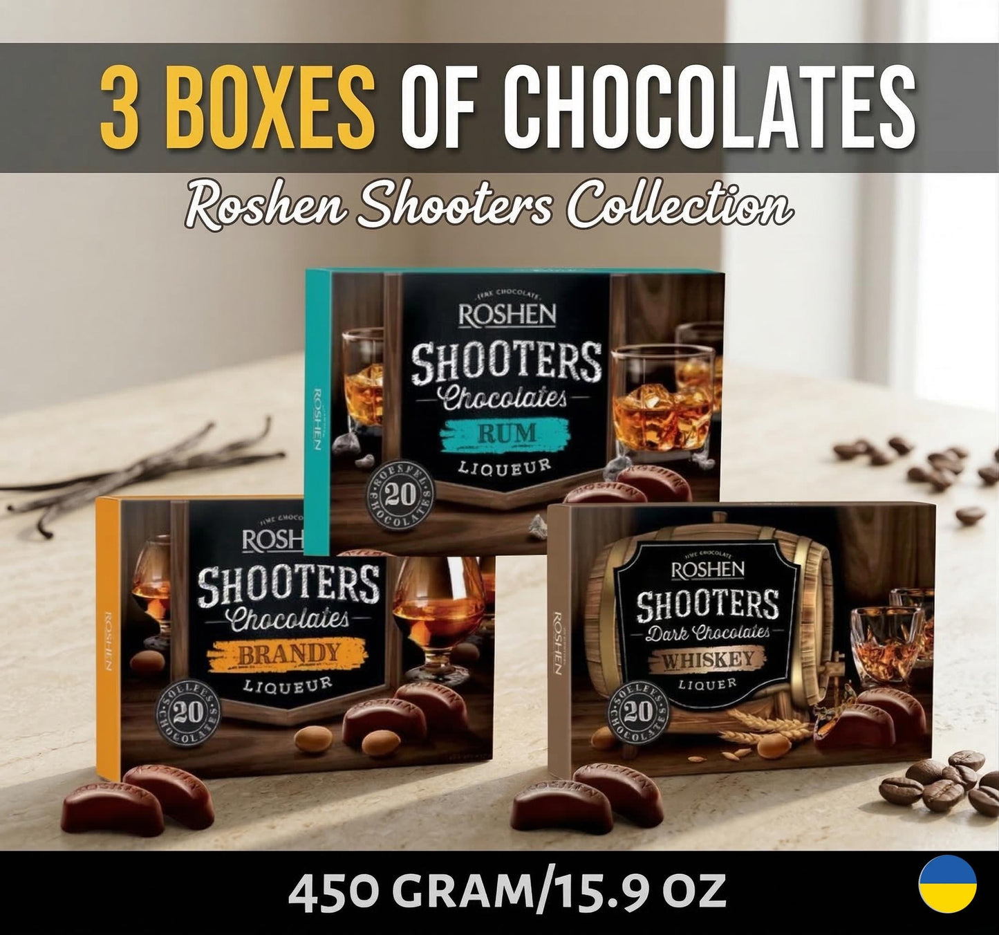 Premium Roshen Liqueur Chocolate Candies Gift Box | Set of 3 Boxes 450g | Rum Brandy Whiskey Treats for Adults | Ukrainian Delights