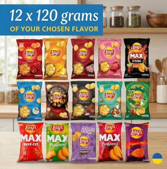 12-Pack Ukrainian Lays Chips Gift Set | Unique Flavors for Snack Lovers | Crab, Cheese, Lobster & More. Made in Ukraine