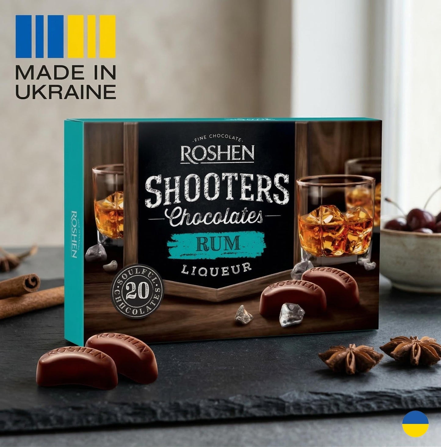 Ukrainian Roshen Shooters Liqueur Chocolate 150g | Dark Chocolate Candies with Rum, Brandy, Whiskey | Adult Gift Box for Her. Made in Ukraine
