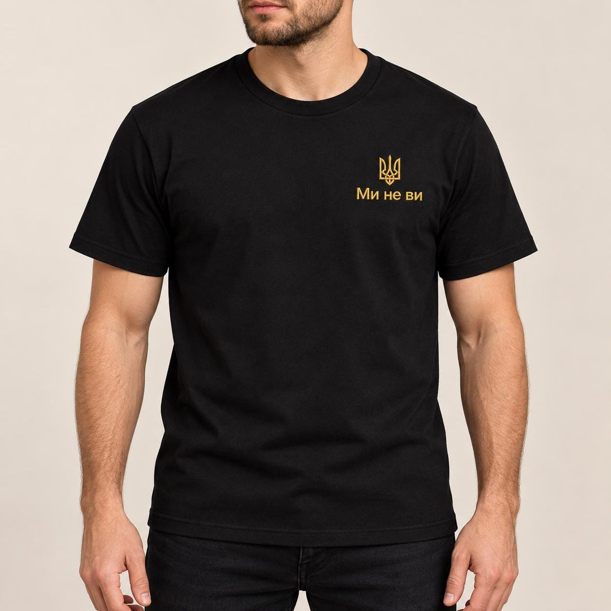 Men's Black Ukrainian T-Shirt with White Embroidery  (Футболка)