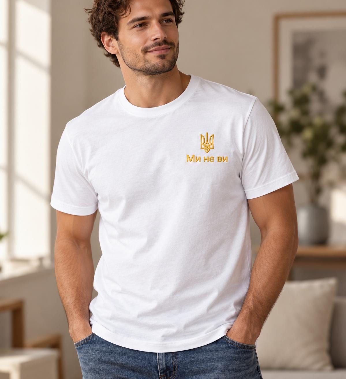 Men's Black Ukrainian T-Shirt with White Embroidery  (Футболка)