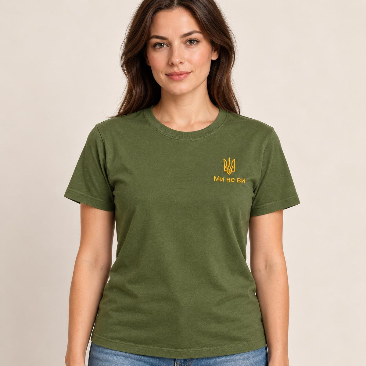 Women's Military Green Ukrainian T-Shirt with Gold Embroidery (Футболка)