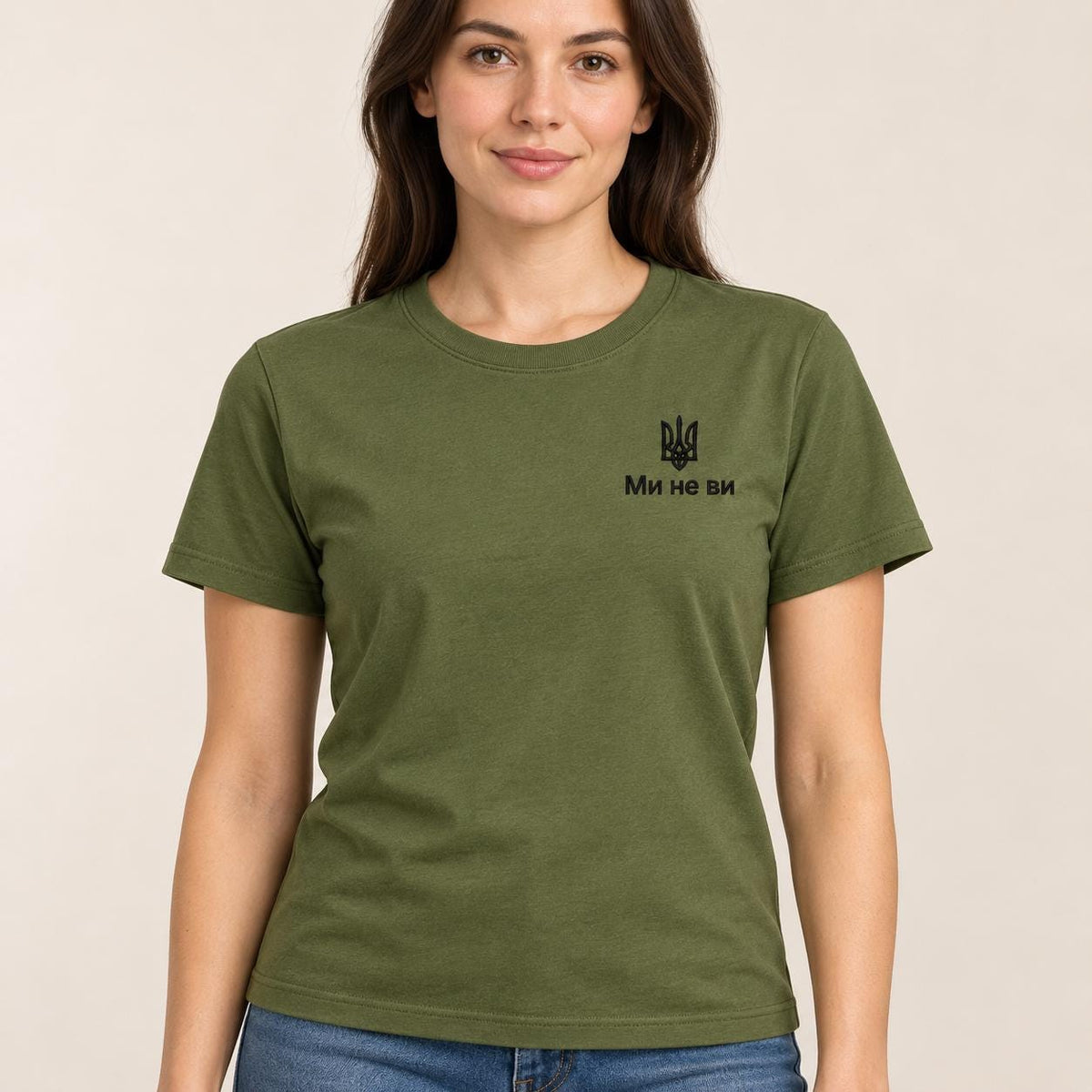 Women's Military Green Ukrainian T-Shirt with Gold Embroidery (Футболка)