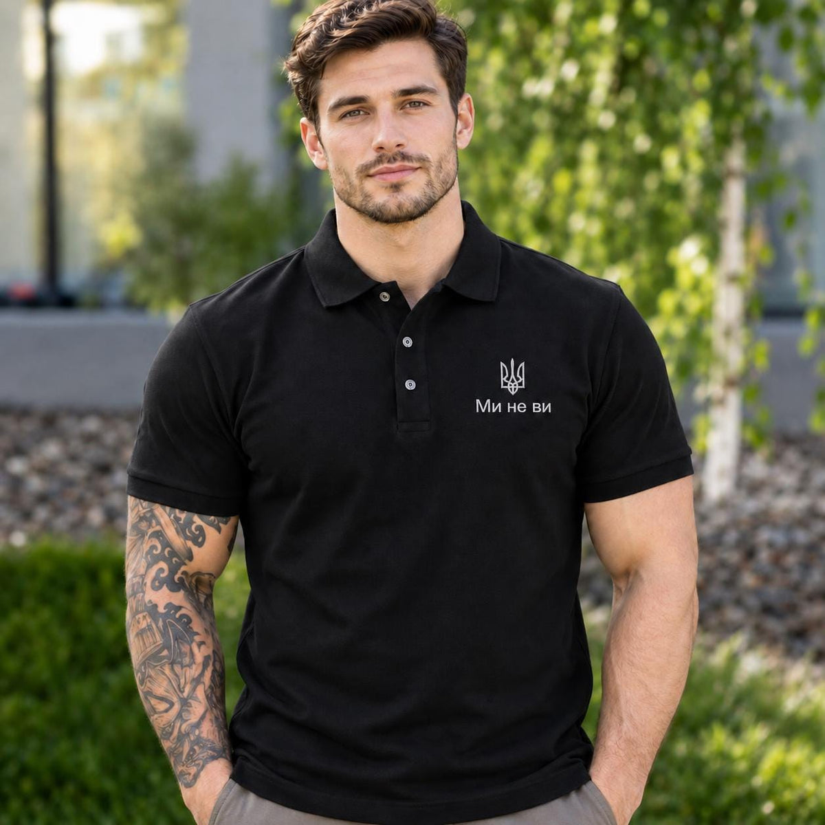 Men's Black Ukrainian Polo Shirt with Gold Tryzub Embroidery (Футболка)